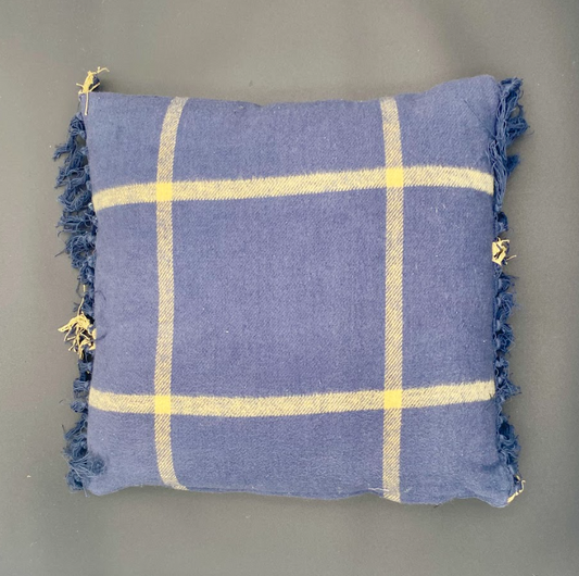 18" Navy Plaid Pillow with Fringe