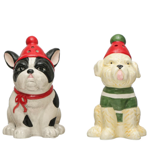 Dog Salt & Pepper Shakers w/ Winter Hats, Multi Color, Set of 2
