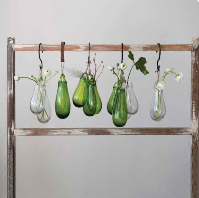 Green Hanging Hand-Blown Glass Vase w/ Jute Hanger